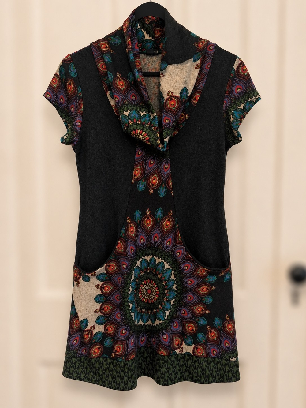 Bohemian Dark Green Tunic Dress with Teal & Purple Medallion Print